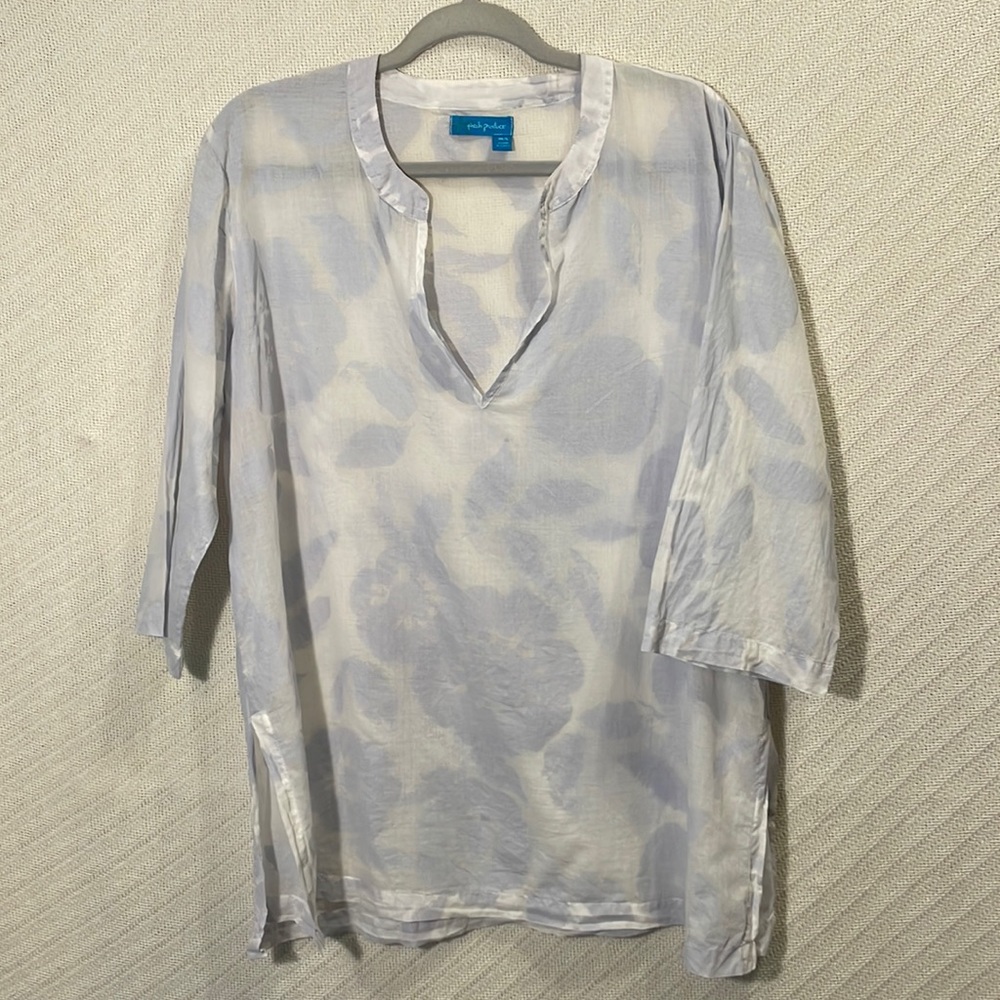 FRESH PRODUCE Floral Sheer Beach Swimsuit Cover Up Tunic V Neck Side Slits M/L